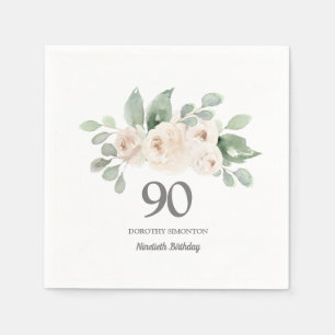 Serviette En Papier 90e fête d'anniversaire Rose blanche Eucalyptus se