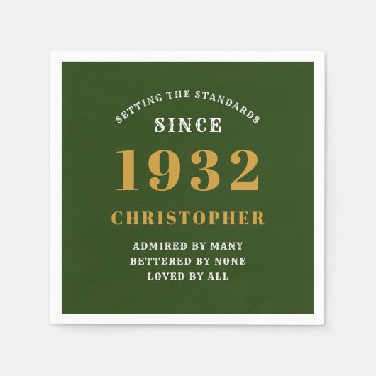 Serviette En Papier 90th Birthday 1932 Green Gold Ajouter Nom Pour Lui (Devant)