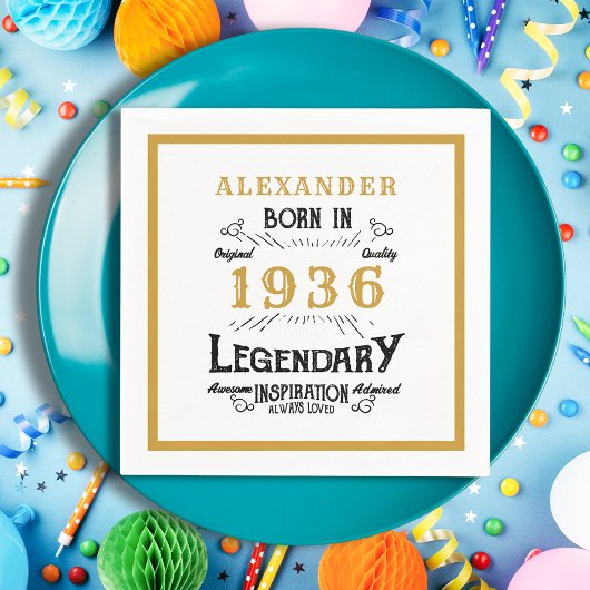 Serviette En Papier 90th Birthday Born 1936 White Gold Legend
