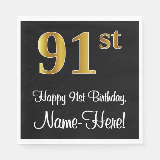 Serviette En Papier 91e anniversaire ~ Elégant Luxueux Faux Gold Look (Devant)