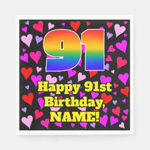 Serviette En Papier 91e anniversaire : Loving Hearts Motif, Arc-en-cie