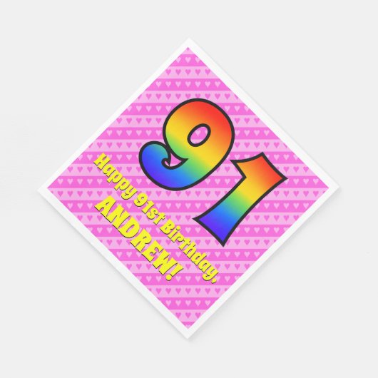 Serviette En Papier 91e anniversaire : Pink Stripes & Hearts, Arc-en-c (Coin)