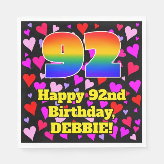 Serviette En Papier 92e anniversaire : Amour Hearts Motif, Arc-en-ciel (Devant)