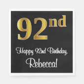 Serviette En Papier 92e anniversaire ~ Elégant Luxueux Faux Gold Look  (Devant)