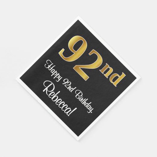 Serviette En Papier 92e anniversaire ~ Elégant Luxueux Faux Gold Look  (Coin)