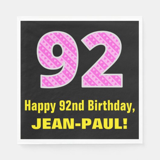 Serviette En Papier 92e anniversaire : Pink Stripes and Hearts "92" + (Devant)