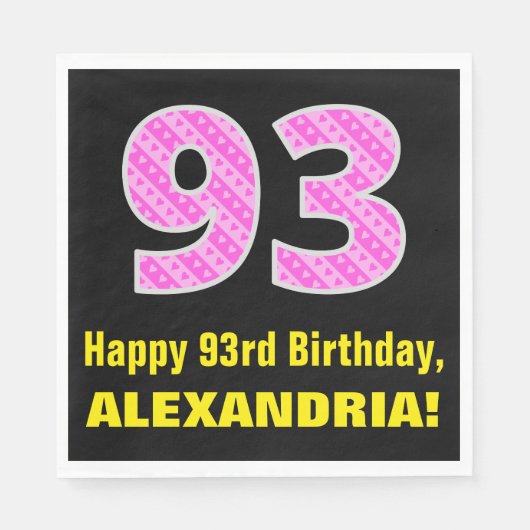 Serviette En Papier 93e anniversaire : Pink Stripes and Hearts "93" +  (Devant)