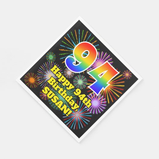 Serviette En Papier 94e anniversaire : Fun Fireworks Motif + Rainbow 9 (Coin)