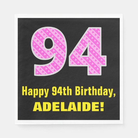 Serviette En Papier 94e anniversaire : Pink Stripes and Hearts "94" +  (Devant)