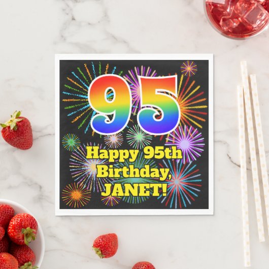 Serviette En Papier 95e anniversaire : Fun Fireworks Motif + Rainbow 9 (En situation)
