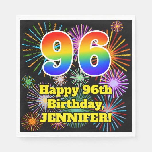 Serviette En Papier 96e anniversaire : Fun Fireworks Motif + Rainbow 9 (Devant)