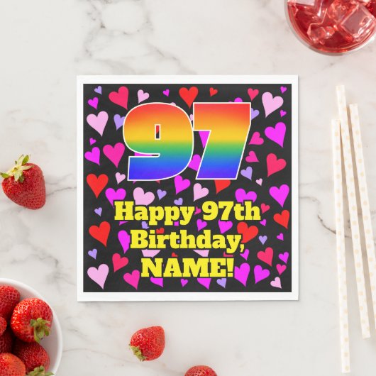 Serviette En Papier 97e anniversaire : Amour Hearts Motif, Arc-en-ciel (En situation)