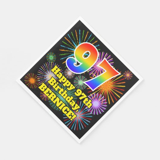 Serviette En Papier 97ème anniversaire : Fun Fireworks Motif + Rainbow (Coin)