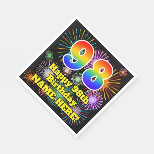 Serviette En Papier 98e anniversaire : Fun Fireworks Motif + Rainbow 9 (Coin)