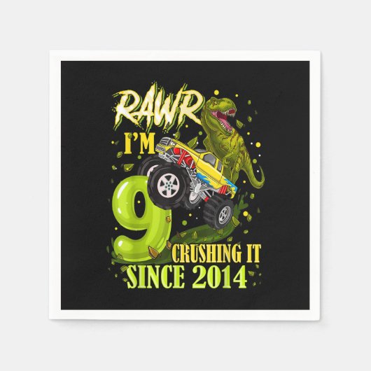 Serviette En Papier 9 ans Dinosaur Trex Monster Truck 9e anniversaire (Devant)