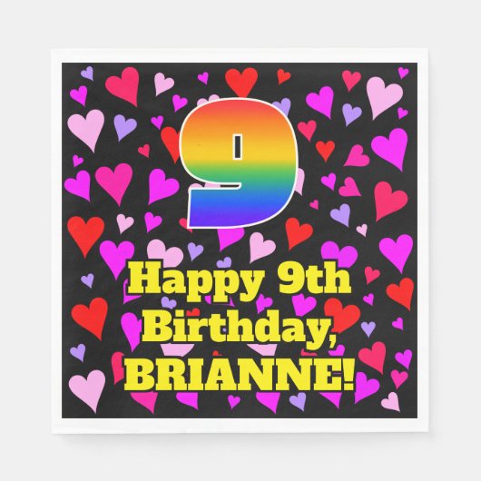 Serviette En Papier 9e anniversaire : Amour Hearts Motif, Arc-en-ciel (Devant)