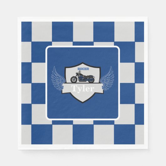 Serviette En Papier À damiers et moto bleu et gris (Devant)