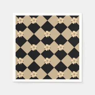 Serviette En Papier à damiers fleurs sépia et noir