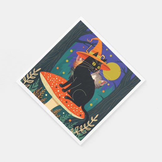 Serviette En Papier A Little Black Witchy Cat Sitting On A Toadstool (Coin)