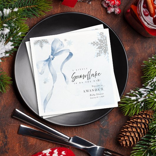 Serviette En Papier A little Snowflake Blue Bow Glitter Baby Shower 
