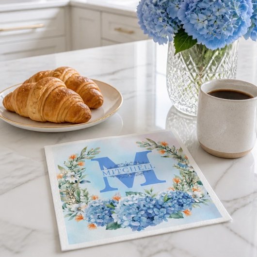 Serviette en papier à monogramme Hydrangea Bleu