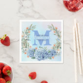 Serviette en papier à monogramme Hydrangea Bleu (En situation)