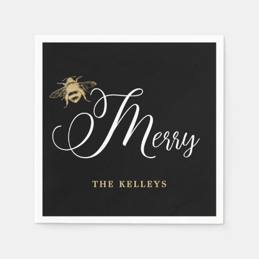 Serviette En Papier Abeille Joyeux, Noir et Or (Devant)