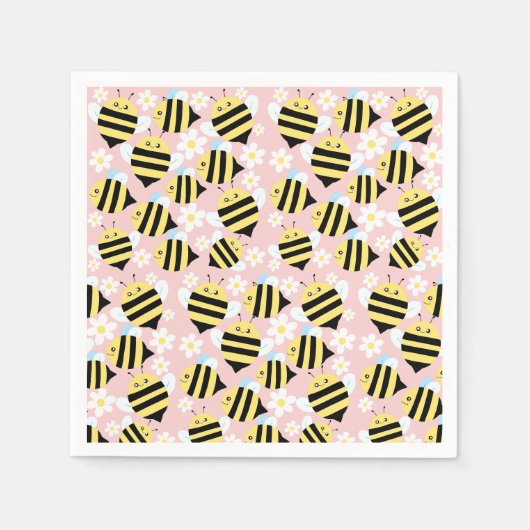 Serviette En Papier Abeilles Et Fleurs Blanches (Devant)