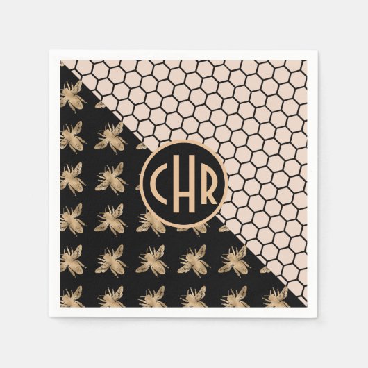 Serviette En Papier Abeilles noires et d'or et monogramme d'abeille ro (Devant)