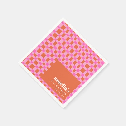Serviette En Papier Abstrait Checker rose orange Personnalisé 21e anni (Coin)