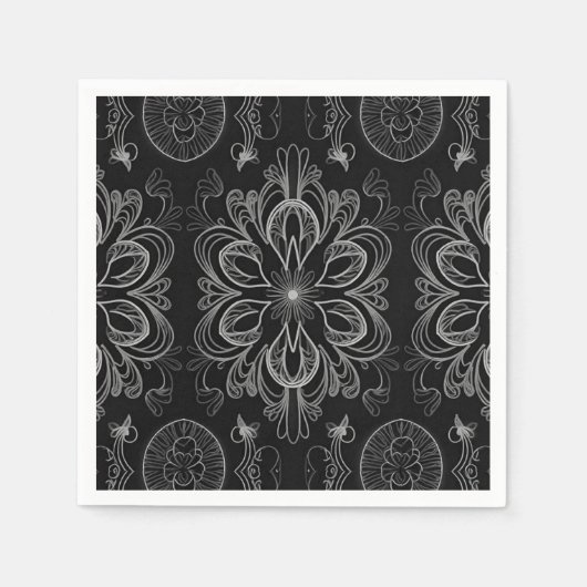 Serviette En Papier Abstrait Floral Noir Et Motif Argent (Devant)
