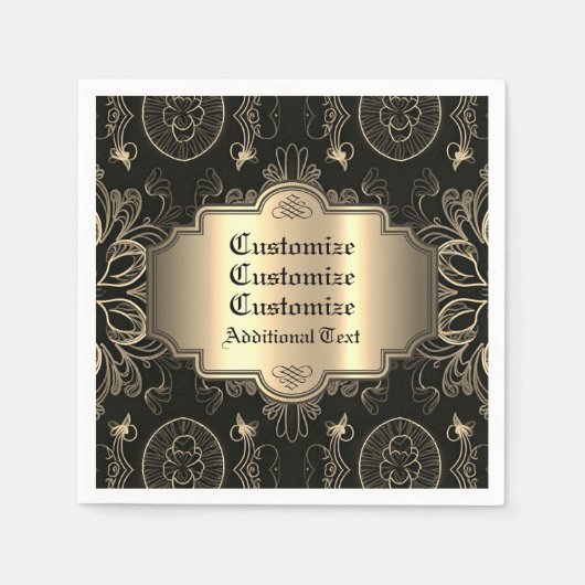 Serviette En Papier Abstrait Floral Noir Et Or (Devant)