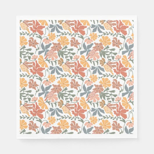 Serviette En Papier Abstrait Floral & Oiseaux Mi-siècle Motif moderne (Devant)