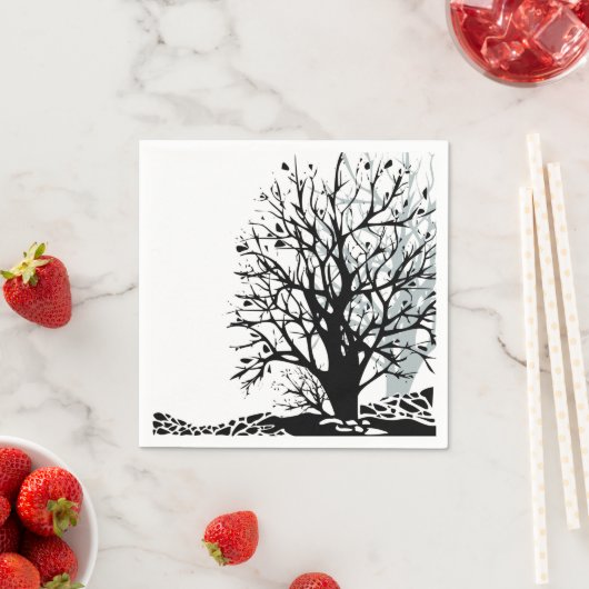 Serviette En Papier Abstrait moderne arbre noir silhouette ombre blanc (En situation)
