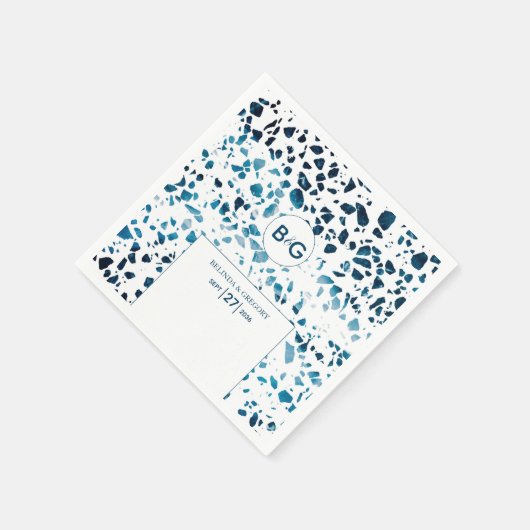 Serviette En Papier Abstrait moderne Terrazzo Mosaic Mariage bleu (Coin)