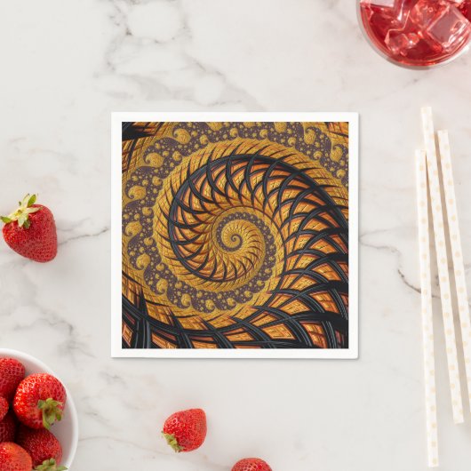 Serviette En Papier Abstraite spirale noire et or Fractale (En situation)