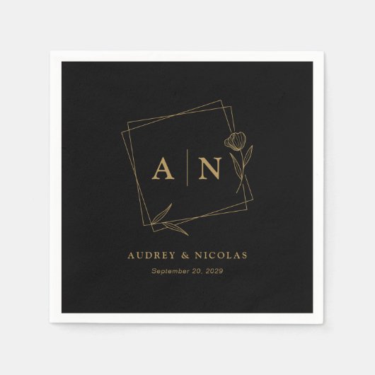 Serviette En Papier Accueil Mariage personnalisé Noir & Or élégant (Devant)