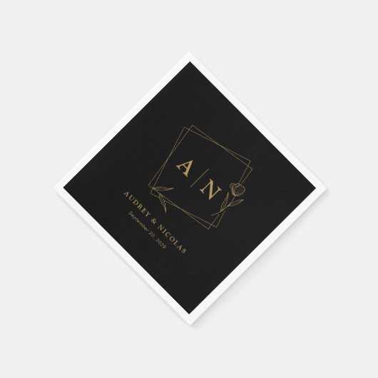 Serviette En Papier Accueil Mariage personnalisé Noir & Or élégant (Coin)