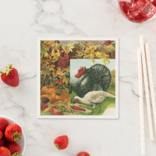 Serviette En Papier Action de grâce vintage, dindons sauvages couleurs