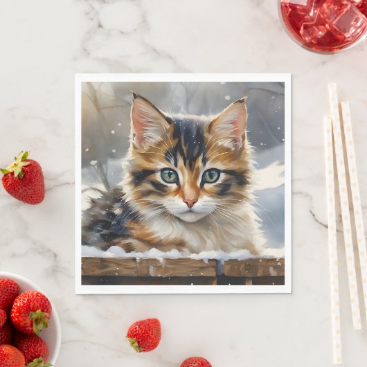 Serviette En Papier Adorable Calico Chat dans la neige (En situation)