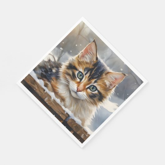 Serviette En Papier Adorable Calico Chat dans la neige (Coin)