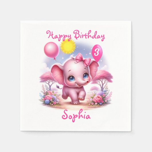Serviette En Papier Adorable Eléphant d'anniversaire rose avec ballons (Devant)