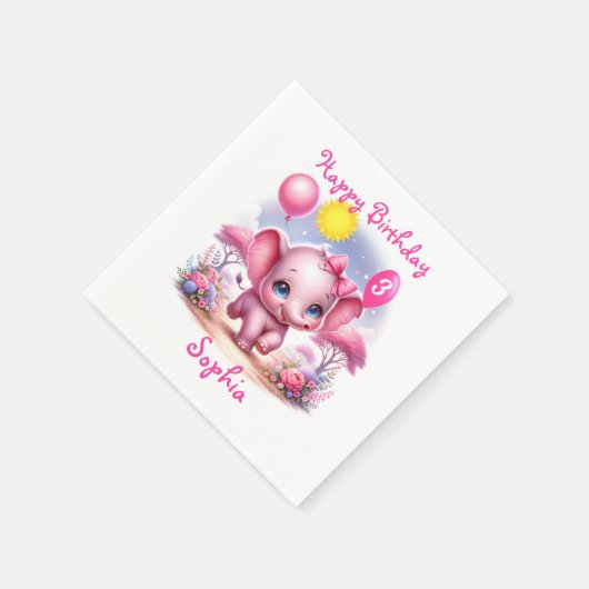 Serviette En Papier Adorable Eléphant d'anniversaire rose avec ballons (Coin)