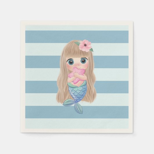 Serviette En Papier Adorable Sirène Bébé sur bandes Bleues Légères (Devant)