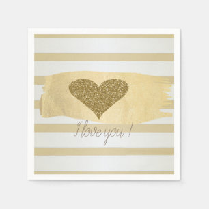 Serviette En Papier Adorables cœurs pailletés or rayures-Je t'aime