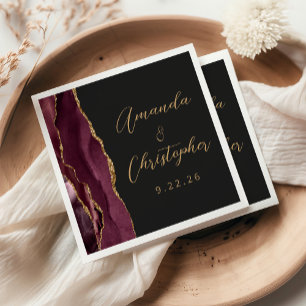Serviette En Papier Agate Bourgogne Or Script Sombre Mariage