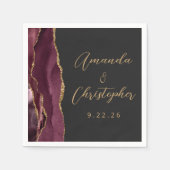 Serviette En Papier Agate Bourgogne Or Script Sombre Mariage (Devant)