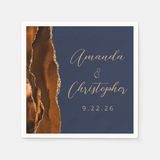 Serviette En Papier Agate Brûlé Orange Gold Script Marine Mariage bleu (Devant)