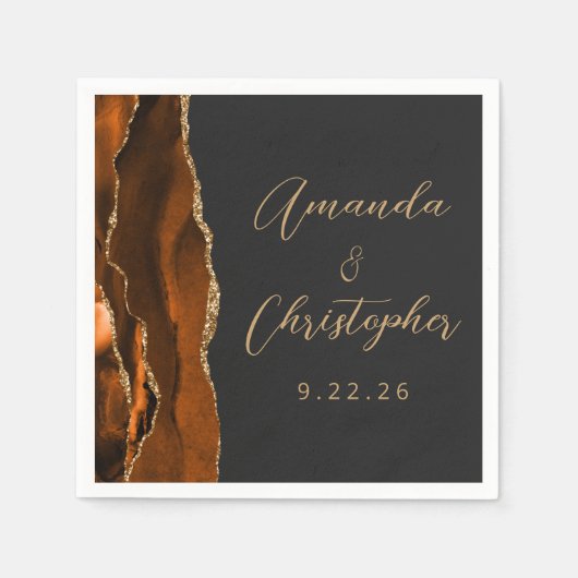 Serviette En Papier Agate Burnt Orange Gold Script Mariage foncé (Devant)