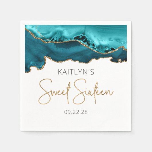 Serviette En Papier Agate Chic Turquoise Bleu Or Douce 16 Anniversaire (Devant)